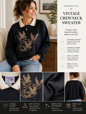 Vintage Morning Sun Black Gold Bird Crewneck Sweater Made in USA Medium Petite